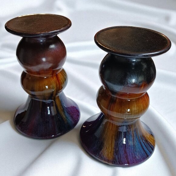 Vintage Set of Two Flambé Ceramic Candle Holders Pair Purple Blue Orange Pillars - Picture 7 of 10
